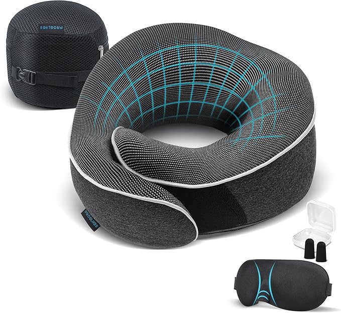 Travel Neck Pillow 100% Memory Foam – Airplane & Car Travel Essentials Kit with 3D Eye Mask, Earplugs & Mesh Bag – Sleeping Support Pillow for Adults (Dark Grey)