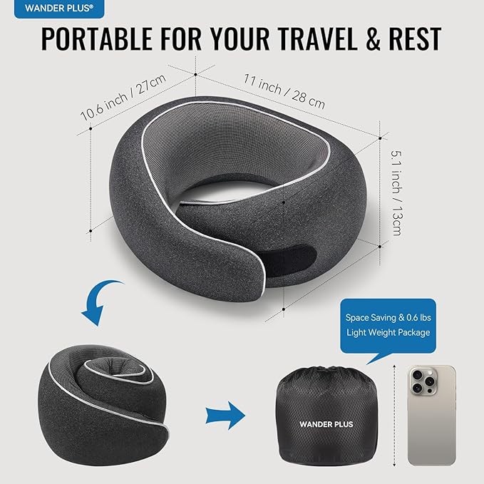 WANDER PLUS® Travel Neck Pillow, Pure Memory Foam Neck Pillow for Airplanes, Comfortable Breathable Cover, 360 Degree Support Ergonomic Design Best for Sleeping Plane Train Travel Essentials Max Grey