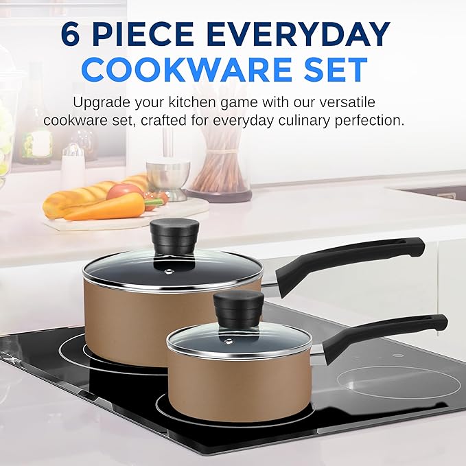 SereneLife 6-Piece Pots and Pans Set – Nonstick Cookware, Black Coating, Heat-Resistant, Dishwasher safe, Includes Fry Pans, Saucepans with Lids, Color Gold