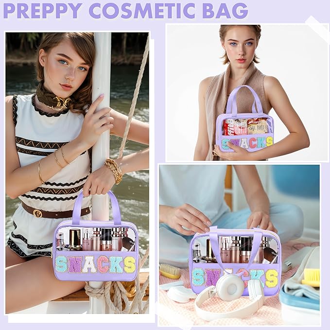 Snack Bag for Travel - Chenille Letter Clear Makeup Bag, Large Preppy Patch Snack Cosmetic Bag with Handle and Zipper, Cute Makeup Pouch Nylon&PVC Waterproof Toiletry Organizer Storage for Women Girls
