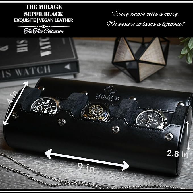 Travel Watch Case – 3 Watch Organizer Travel for Men - Watch Carrying Case Holder and Display - Super Black Motif Vegan Leather