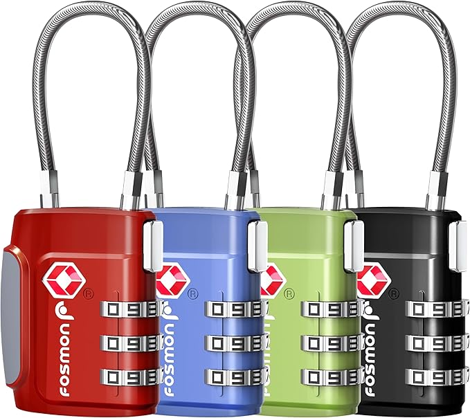 Fosmon TSA Approved Luggage Locks, Cable Suitcase Travel Lock, 3 Digit Long Shackle Combination Padlock, Wire Lock for Gym Locker, Backpack Anti Theft