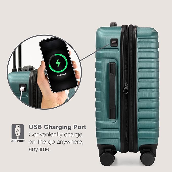 U.S. Traveler Boren Polycarbonate Hardside Rugged Travel Suitcase Luggage with 8 Spinner Wheels, Aluminum Handle, Teal, 2-Piece Set, USB Port in Carry-On