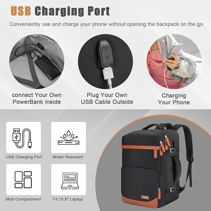 40L Travel Backpack with USB Charging Port, Water-Resistant Carry On Backpack for Men Women, Business Laptop Backpack for Trips & Commutes, Fits 15.6/17.3 Inch Laptop