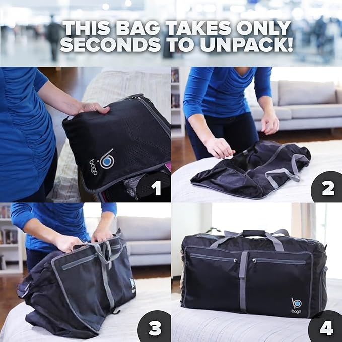 Bago Big XXL Foldable Duffel Bags for Traveling Women & Men - 140L Packable Duffle Bag for Travel with Shoe Compartment - Water Repellant, Heavy Duty, Lightweight Folding & Collapsible (Black)