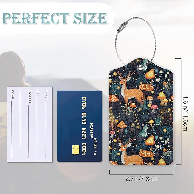 2 Pack Mushrooms Luggage Tag for Suitcases Deer Forest Animal PU Leather Bag Travel Suitcase ID Identifier Baggage Tags for Women Men Travel