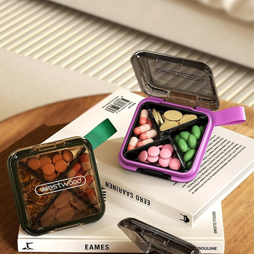 1 Pack Purple Pill Organizer with Strap, 4 Compartments, Compact Travel Pill Box Case, Portable and Moistureproof to Store Vitamins, Medication and Supplements