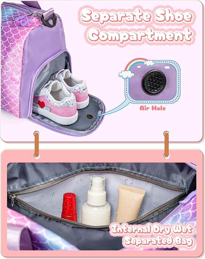 Travel Stuff for Kids-Girl Gym Bag with Shoe Compartment, Kid Weekender Dance Bags, Initial Travel Tote with Makeup Pouch, Gift for 3 4 5 6 7 8 9 10 11 12 Year Old Girls (Letter S)