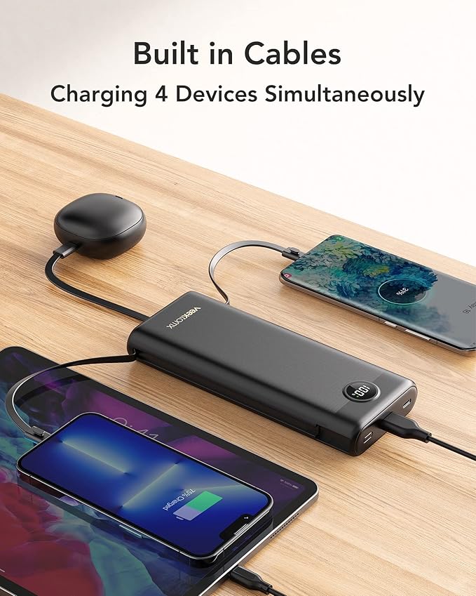 VEEKTOMX Portable Charger with Built-in Cables 30000mAh Power Bank for iPhone 22.5W Fast Charging USB C Battery Pack Travel Essentials Powerbank Compatible with iPhone, Android, etc(1 Pack)