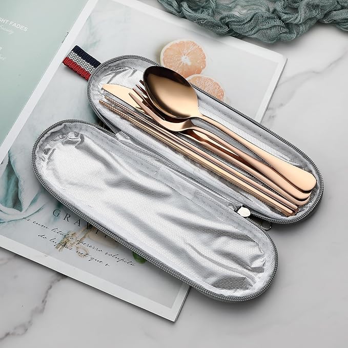 DEVICO Camping Utensils, Portable Travel Utensils with Case, Stainless Steel Reusable Silverware for Lunch Adult, 5Pcs Cutlery Set Includes Knife Spoon Fork Chopsticks and Case (Rose Gold)
