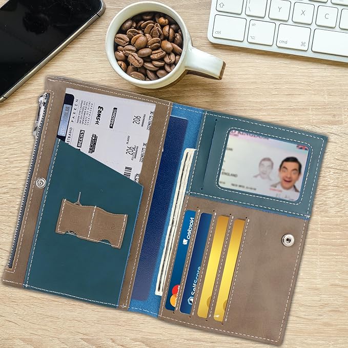 Genuine Leather Travel Passport Wallet, Slim RFID Blocking Holder for Secure Travel and Document Organization (Blue)