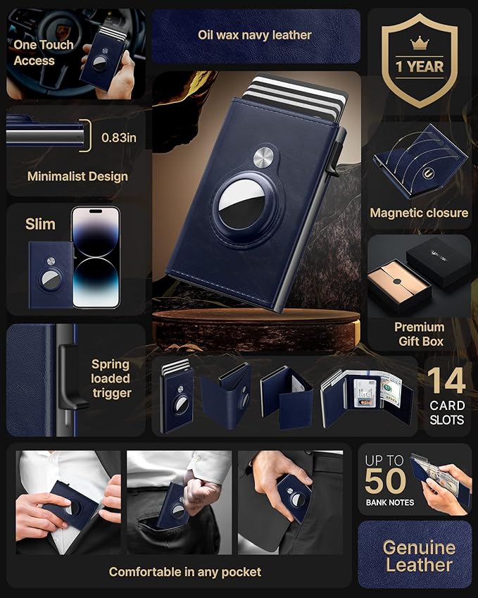 typecase Mens Wallet Card Holder for AirTag: Leather Smart Wallet for Men Compatible with Apple Air Tag, RFID Blocking, Slim, Minimalist - 9-14 Card Capacity | ID Window | Cash Slot (Navy)