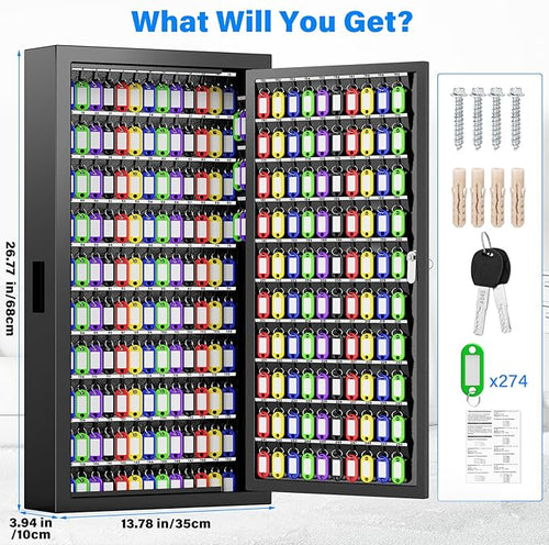 250 Keys Key Lock Box Wall Mount with Additional 24 Side Hooks and Key Tags, Anti-Theft Key Box Key Cabinet with Side Drop Slot, Key Organizer Key Safe for Home Office Garage Rental Business