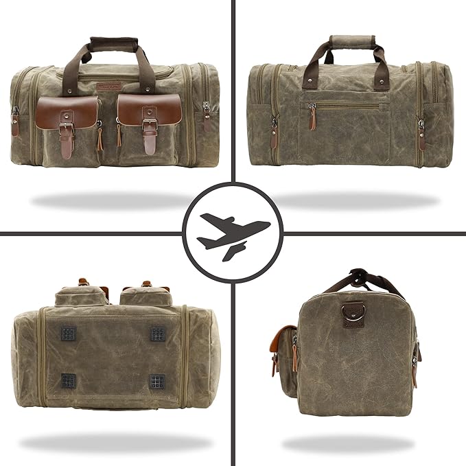 Wildroad Waxed Canvas Duffle Bag - 60L Waterproof Genuine Leather Weekender Overnight Travel Hand Bag