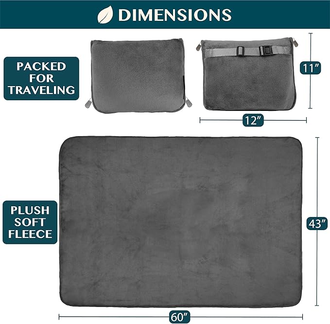 PAVILIA Travel Blanket Pillow, Soft Airplane Blanket 2-in-1 Combo Set, Plane Blanket Compact Packable, Flight Essentials Car Pillow, Travelers Gifts Accessories, Luggage Backpack Strap, 60x43 Gray