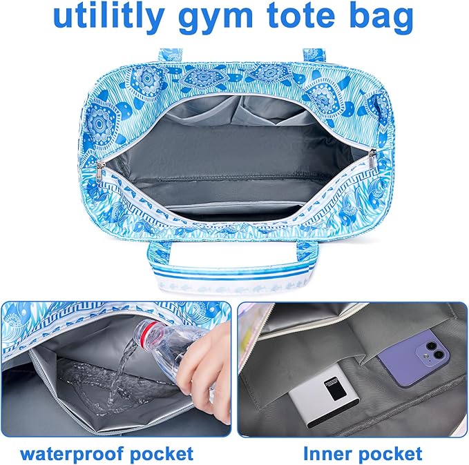 LEDAOU Beach Bag Waterproof Sandproof Women Tote Bag Pool Bag with Zipper for Gym Grocery Travel with Wet Pocket
