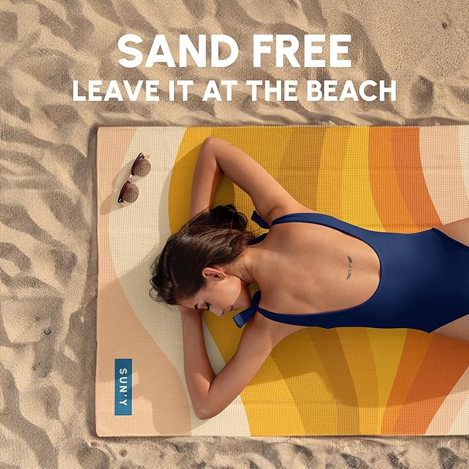 SUN'Y Waffle Microfiber Beach Towel – Sand Free, Quick Dry, Ultra Absorbent, Lightweight & Compact Travel Towel with Carry Bag - Large (63” x 31.5”), Boho