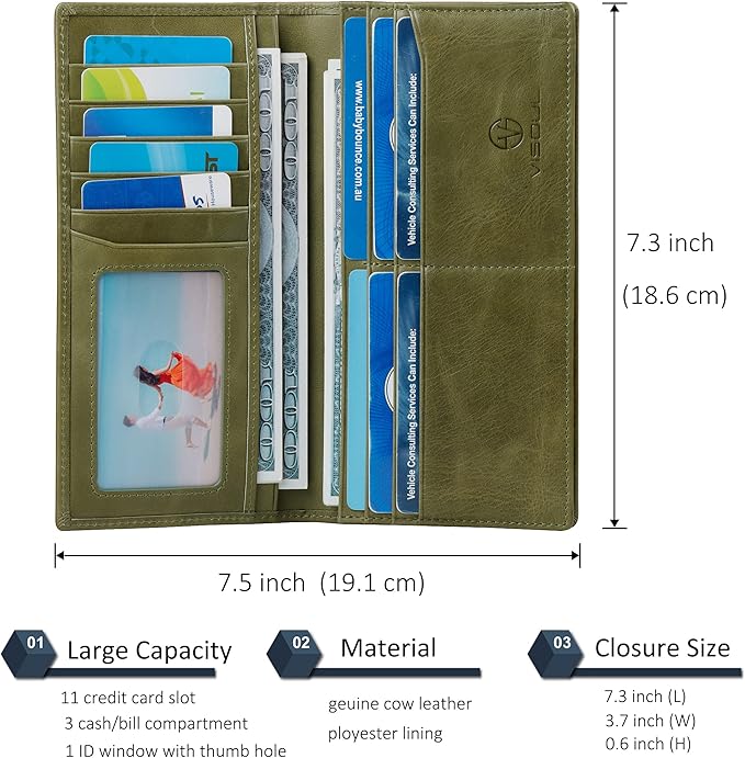VISOUL Mens Long Bifold Checkbook Wallets Genuine Leather, Tall Checkbook RFID Wallets with Multi Card Pocket for Men (Olive Green)