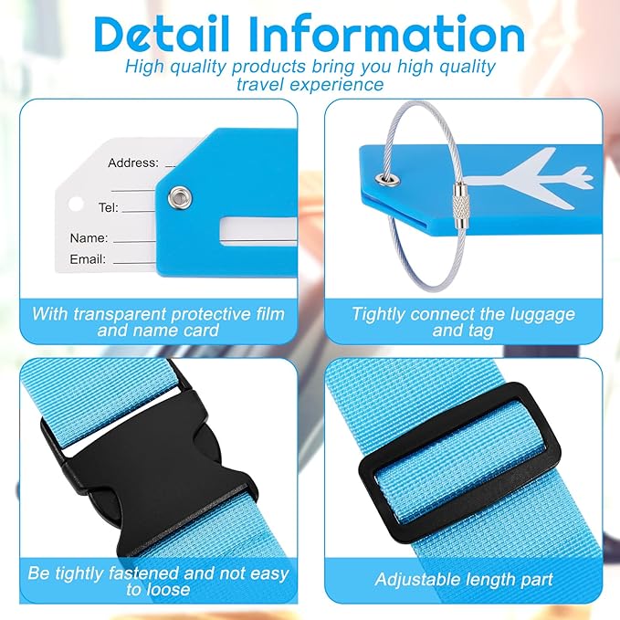 Weewooday 8 Pcs Luggage Straps Suitcase Tags Set for TSA Approved, 4 Travel Adjustable Suitcase Belt, 4 Silicone Luggage Tags with Name ID Card Travel Accessories(Pink, Light Blue,Airplane)