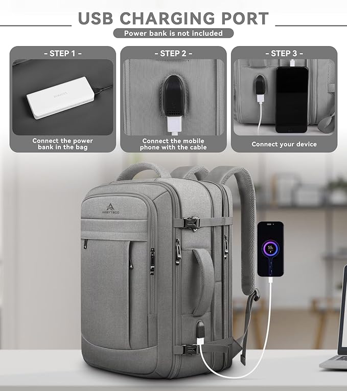 60L Travel Laptop Backpack for Men, Extra Large Backpack, Big Capacity Carry On Backpack, 18 -19 Inch Laptop Backpack with USB Charge Port Water Resistant Luggage Computer Daypack College Bag, Grey