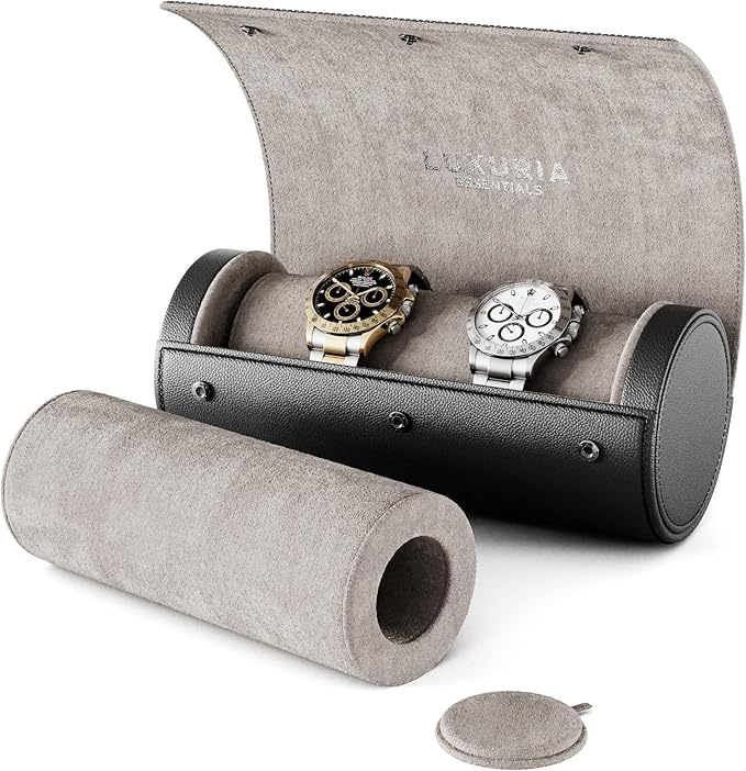 Watch Roll Travel Case for 2 Watches | Hidden Jewelry Storage Compartment, Genuine Leather Watch Roll with Dust Bags & Cleaning Cloth | Fits Men's Wrist Watches & Smartwatches