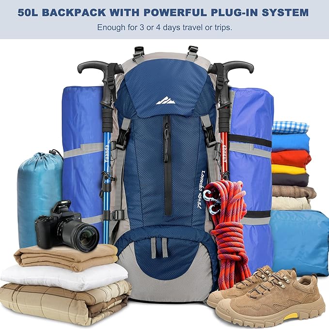 Loowoko 50L Hiking Backpack, Waterproof Camping Essentials Bag with Rain Cover, 45+5 Liter Lightweight Backpacking Back Pack