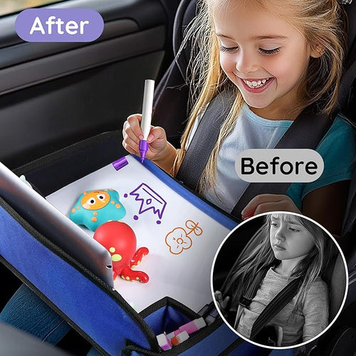 2Pcs‎ Kids Travel Tray, Kids Travel Trays for Car Seat, Road Trip Essentials for Toddler, Carseat Lap Tray with Dry Erase Board & Storage Organizer for Road Trip Activities for Kid, Blue