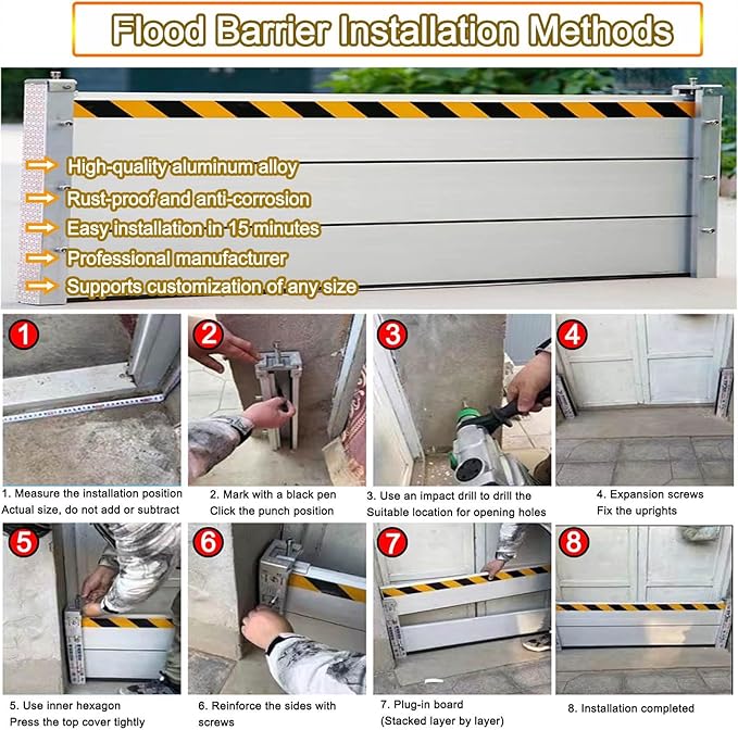 Reusable Flood Barrier, 3/4/5/6/7/8/9/10/11/12/13ft Long Heavy Duty Aluminum Water Barrier Shield for Sliding Glass Door/Driveway/Home Doorway, Removable Stopper Shield with Rubber(H 2.6ft