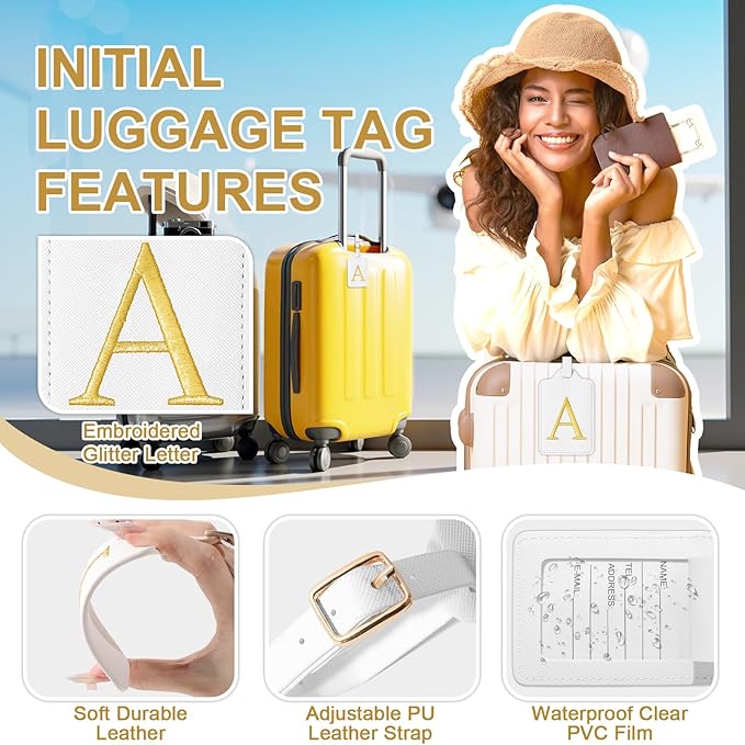 Personalized Initial Luggage Tags for Suitcase TSA Approved, White Leather Cute Luggage Tag with Privacy Cover Name Card, Embroidered Custom Luggage Tags Travel Baggage Tags Gifts for Women Kids(A)