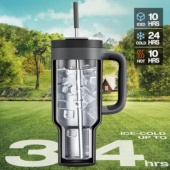 POWCAN 40 oz Tumbler with Handle, 2-in-1 Straw and Sip Lid, Leakproof, Dishwasher Safe, Insulated Stainless Steel Travel Coffee Mug, Keeps Cold for 34 Hours, Fits in Car Cup Holder (Midnight)