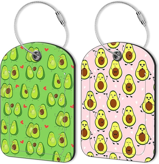 2 Pack PU Luggage Tags for Suitcase, Avocado Suitcase Tag Leather ID Label Bag Tags with Privacy Cover and Metal Loop for Men Women Travel Bag