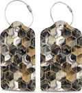 Gold Ink Hexagon Texture Luggage Tags 2PCS PU Leather Suitcases Tag with Stainless Steel Loop and Privacy Name Address Cover Label Card for Women Men Travel