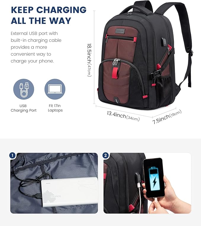 LOVEVOOK Travel Backpack for Men 17inch Large Work Backpack for Men Large Capacity Lockable Mochilas para Hombres Waterproof Computer Backpack for Work Business Travel College (17 inch,Black&Brown