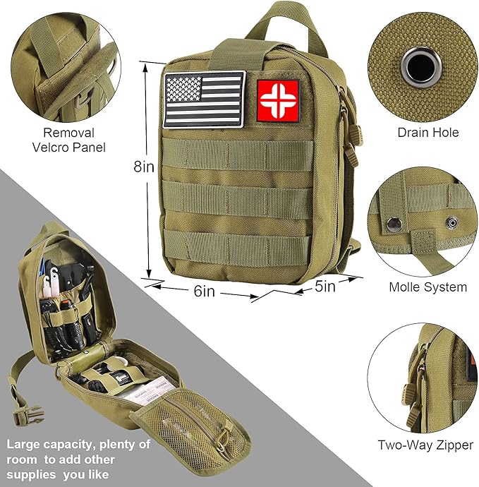 Emergency Survival Kit and First Aid Kit, 142Pcs Professional Survival Gear and Supplies Equipment with Molle Pouch, Gift for Christmas Men Dad Husband Camping Hiking Hunting Outdoor Adventure