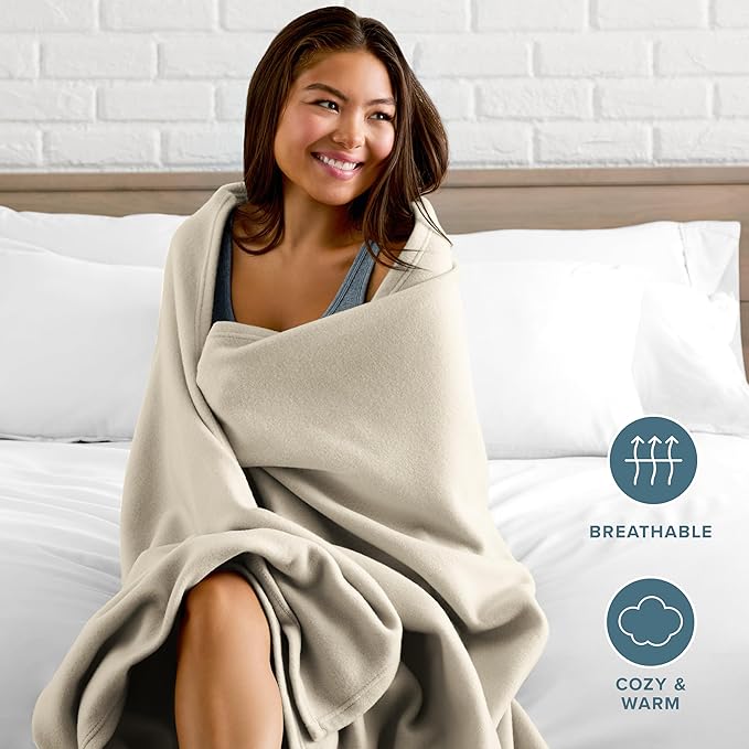 Bare Home Polar Fleece Blanket - Extra Long - Oyster - Warm & Cozy - Premium Fleece - Throw for Bed, Sofa, Camping, Travel and Cold Nights - Lightweight Blanket (Twin/Twin XL, Oyster)