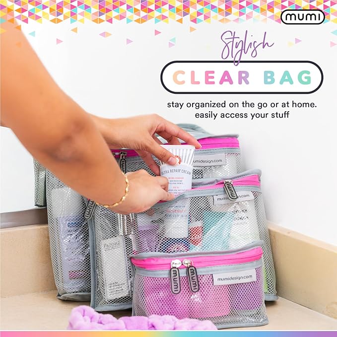 MUMI Travel Toiletry Bag Set of 3 – Clear TSA Approved Toiletry Bags for Women – Reusable Water-Resistant Makeup Organizer Pouches for Skincare, Cosmetics, Travel Accessories, Airport Packing - Black