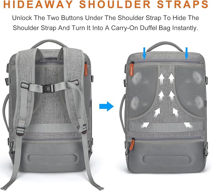 Carry on Travel Backpacks, Extra Large 40L Flight Approved Bag for Men & Women,Expandable Suitcase Backpack With 4 Packing Cubes,Water Resistant Luggage Daypack Business Weekender Bag,Grey