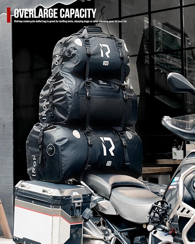 IRON JIA'S Motorcycle Dry Bag - Waterproof Duffle & Luggage Tail Bag Saddle Bags with Roll Top Closure, Shoulder Straps, Inner Pocket and Mesh Pocket (Carbon Fiber, 70L)