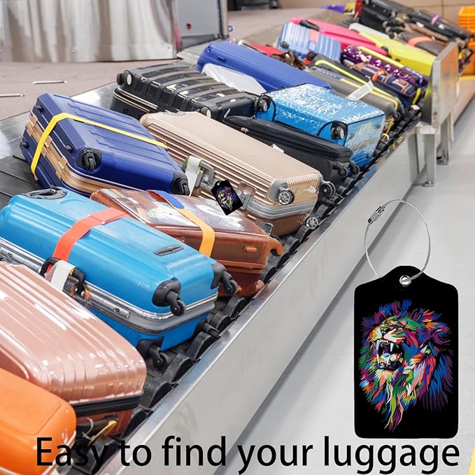 Colorful Lion's Roar Luggage Tags for Suitcases,2 Pack Luggage Tag, Leather Stainless Steel Loop Label Tag for Women Girl Travel Bag Suitcase