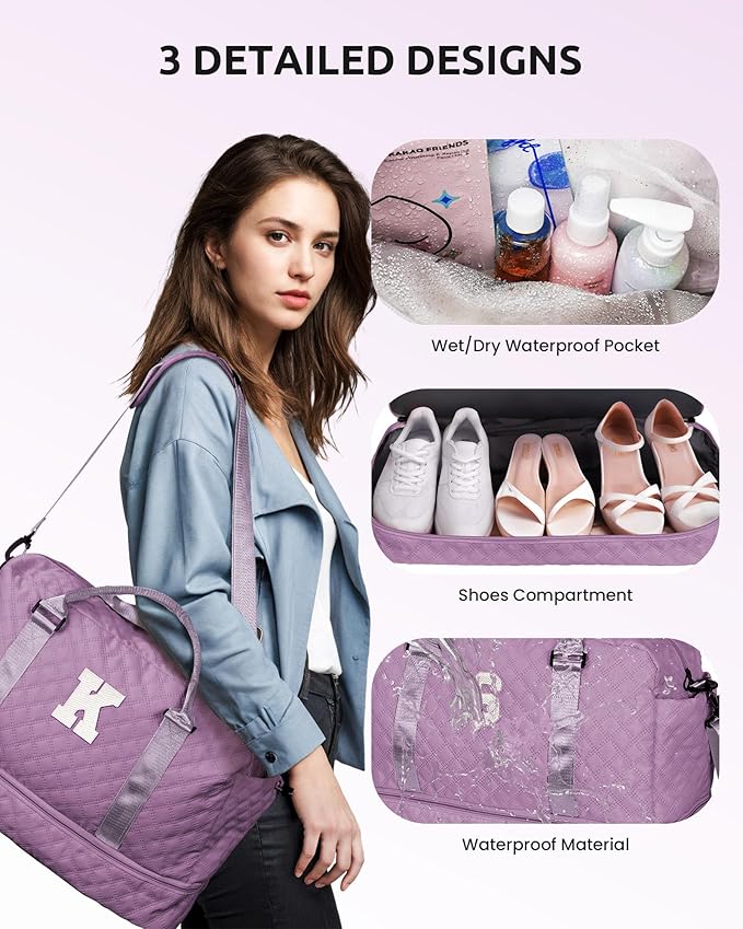 Women Gifts-Duffle Bags with Shoe Compartment, Personalized Weekender Bag, Overnight Bag, Tween Travel Bag with Makeup Bag，Birthday Gift Graduate Gifts for Her (Letter T)