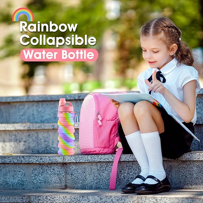 Collapsible Water Bottle for Adults, Boys, Students, Kids, Reusable Silicone Foldable Water Bottles for Travel Camping Hiking Sports,Leak-Proof Portable Sports Water Bottle (Pink & Blue)