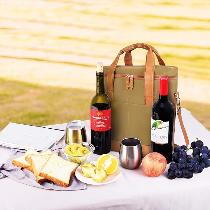 Tirrinia Insulated Wine Gift carrier - 3 Bottle Travel Padded Wine Carry Cooler Tote Bag with Handle and Adjustable Shoulder Strap, Khaki