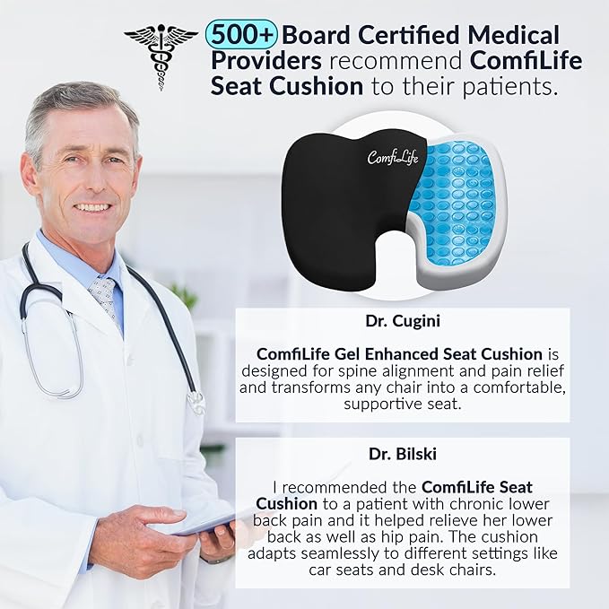 ComfiLife Premium Gel & Memory Foam Seat Cushion – Doctor Recommended Office Chair Cushion, Car Seat Cushion – Chair Cushions for Back & Sciatica Pain Relief – Seat Cushions for Office & Desk (Black)