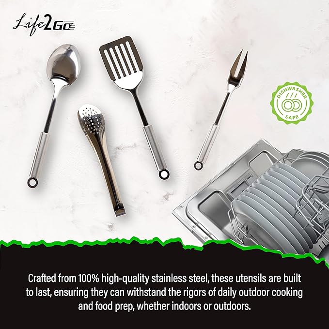 12 Pcs Camp Cooking Utensil Set & Outdoor Kitchen Gear Cookware Kit, Portable Compact Carry Case for Camping, Hiking, Travel, BBQ Grilling Stainless Steel Accessories Spoon & Fork, Navy