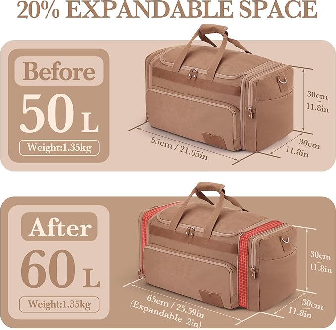 SHOWKOO Duffle Bag for Travel 60L Expandable Canvas Travel Bag Durable Vintage Weekender Overnight Carry On Bag for Men(Khaki)