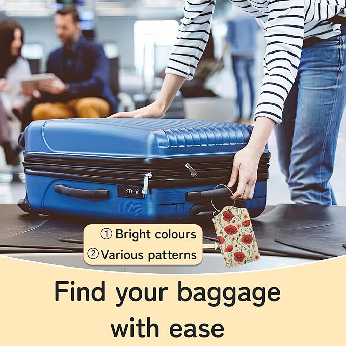 3 PCS Red Poppy Flower Luggage Tags,Suitcase Tags Privacy Cover ID Label with Stainless Steel Loop and Address Card for Travel Bag Suitcase