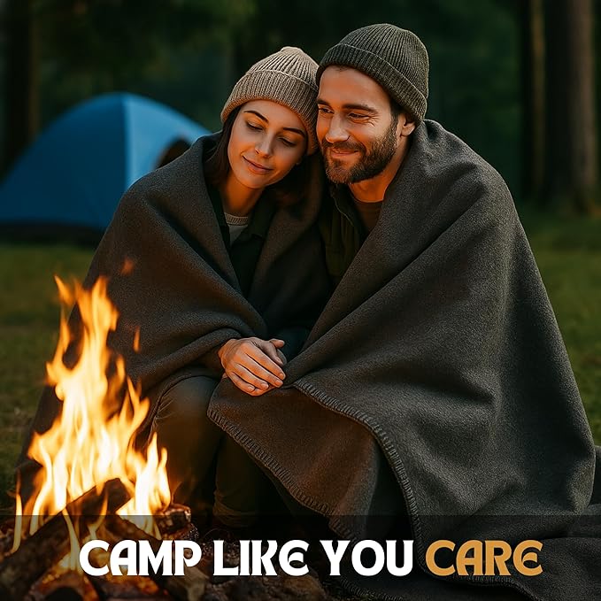 Wool Camping Blanket – 70% Wool Heavy-Duty Military Style Throw, Warm & Washable, Fire Retardant Cover for Emergency, Survival & Outdoor Use – Perfect for Camping, Car, Home & Hiking, Grey 62x84