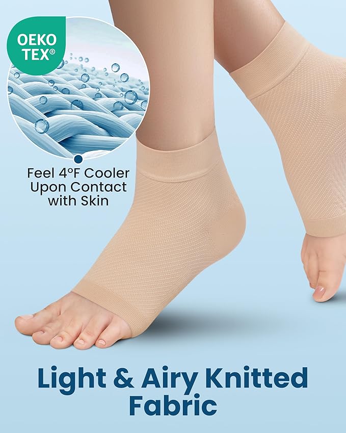 KEMFORD Ankle Compression Sleeve with Cooling Effect - Plantar Fasciitis Braces - Open Toe Compression Socks for Swelling, Sprain, Neuropathy, Arch Support for Men and Women - L, Beige