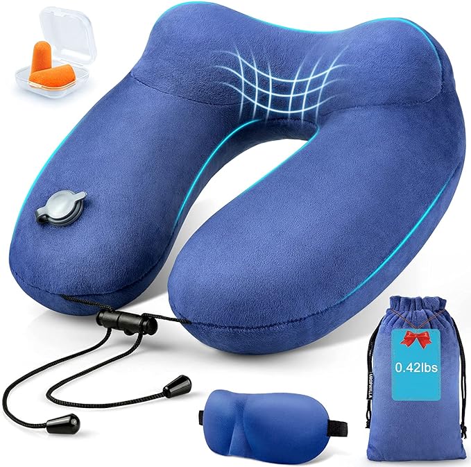 urophylla Inflatable Travel Neck Pillow for Airplanes, Super Soft Velvet Neck Support, Adjustable Firmness, Blow Up Plane Pillow for Long Flights, Road Trips, Travel Essentials with Eye Mask, Earplug