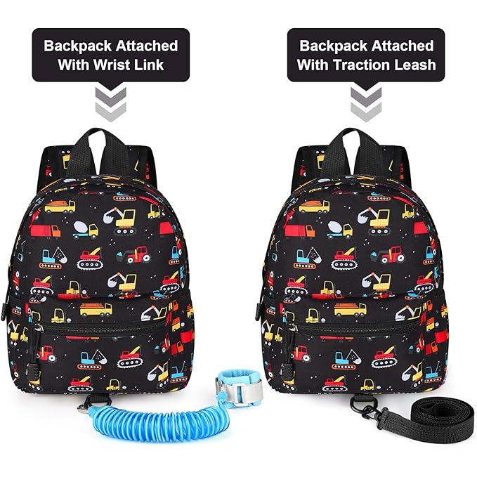 Accmor Toddler Backpack with Leash, Baby Backpacks with Anti Lost Wrist Link, Cute Mini Kids Backpack Leash Walking Harness for Travel, Small Excavator Backpack Tether for Boys Girls 1-3 (Black)